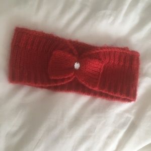 Red knit headband with crystal bow